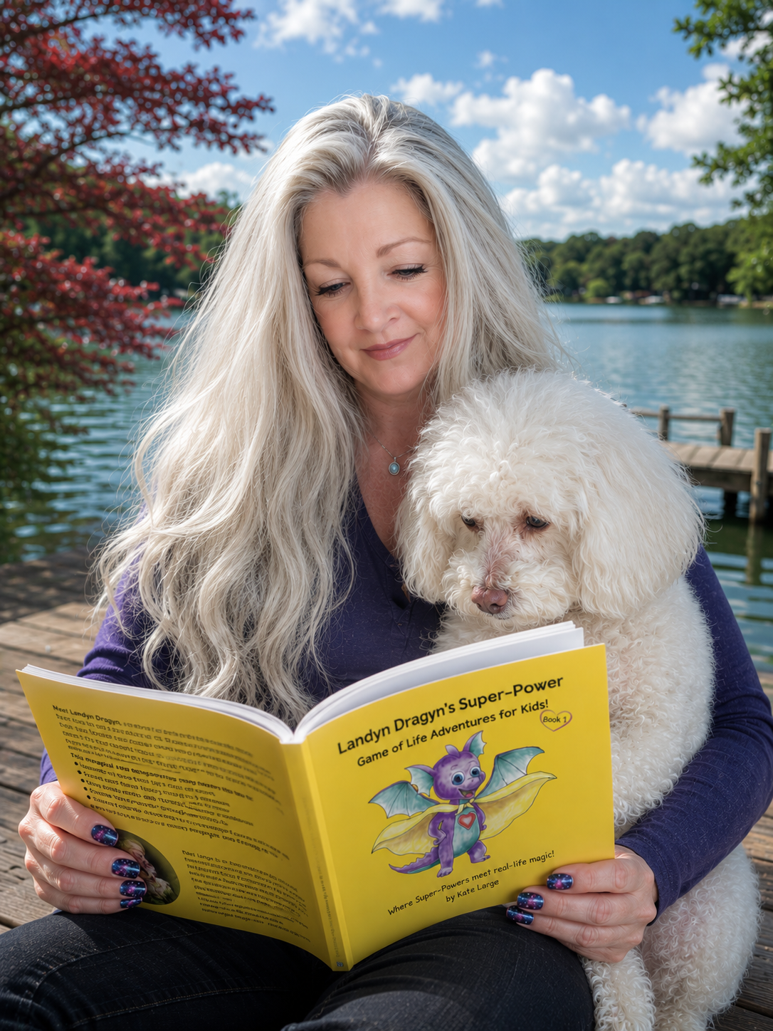 Kate & Majyk reading Landyn Dragyn's Super-Power on the dock